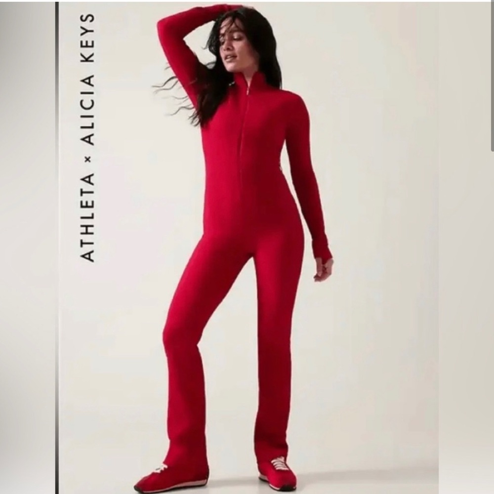 NWT Athleta x Alicia Keys Goddess Red Ribbed Mock Neck Half Zip Bodysuit Small - Picture 3 of 8
